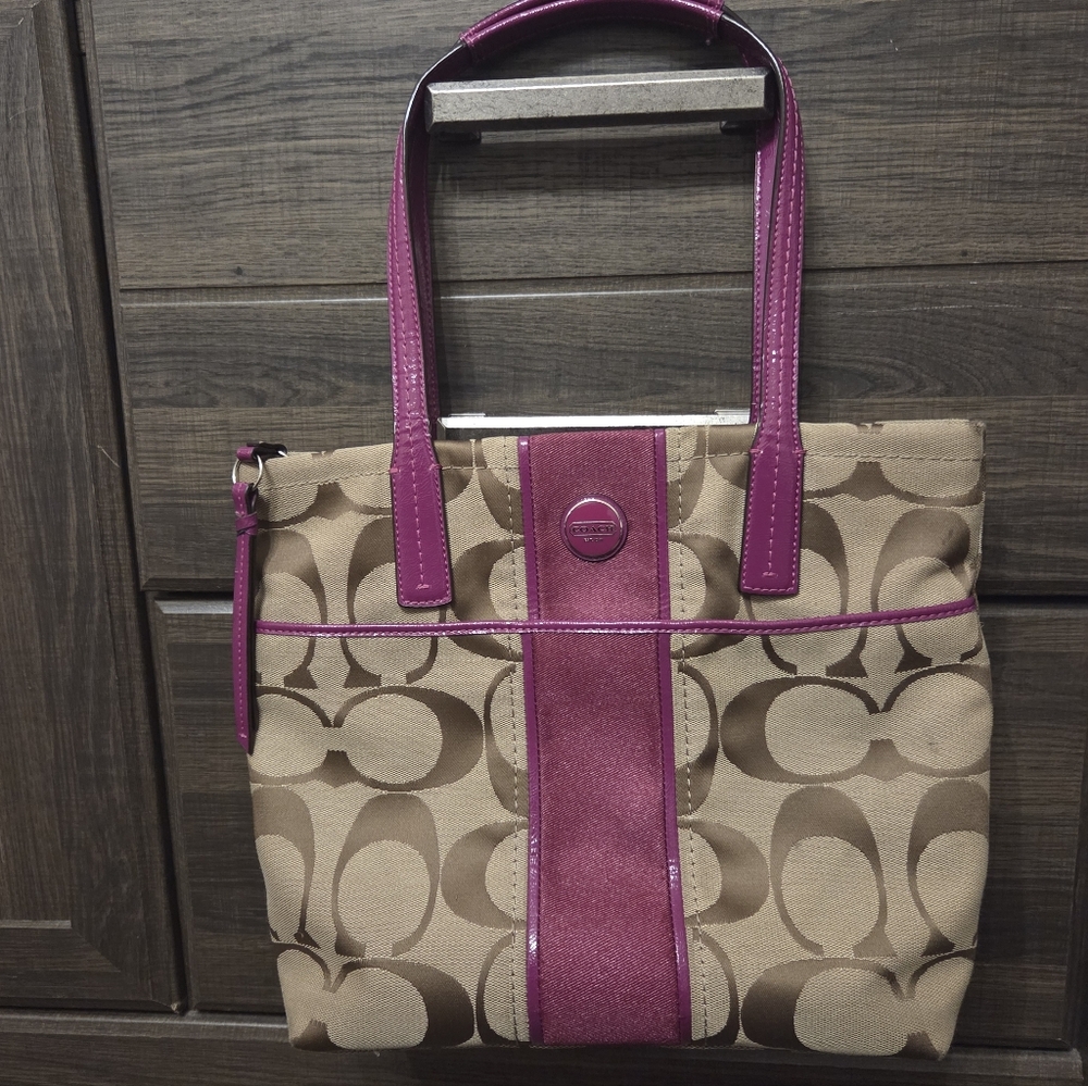Coach Tan and Purple Signature Tote Bag